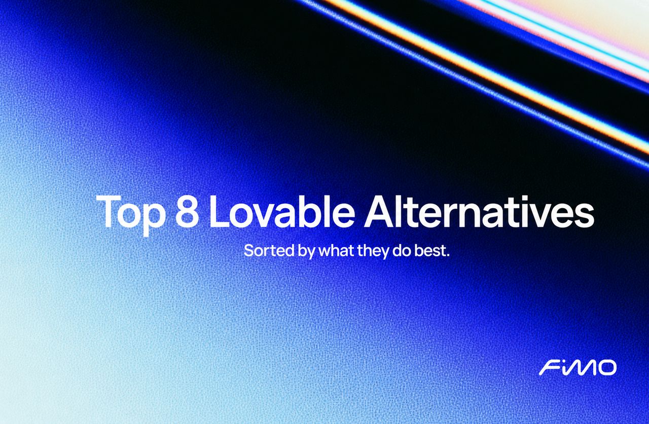 A digital graphic with a blue background and light streaks, displaying the text 'Top 8 Lovable Alternatives' and 'Sorted by what they do best.' with a FIMO logo in the corner.