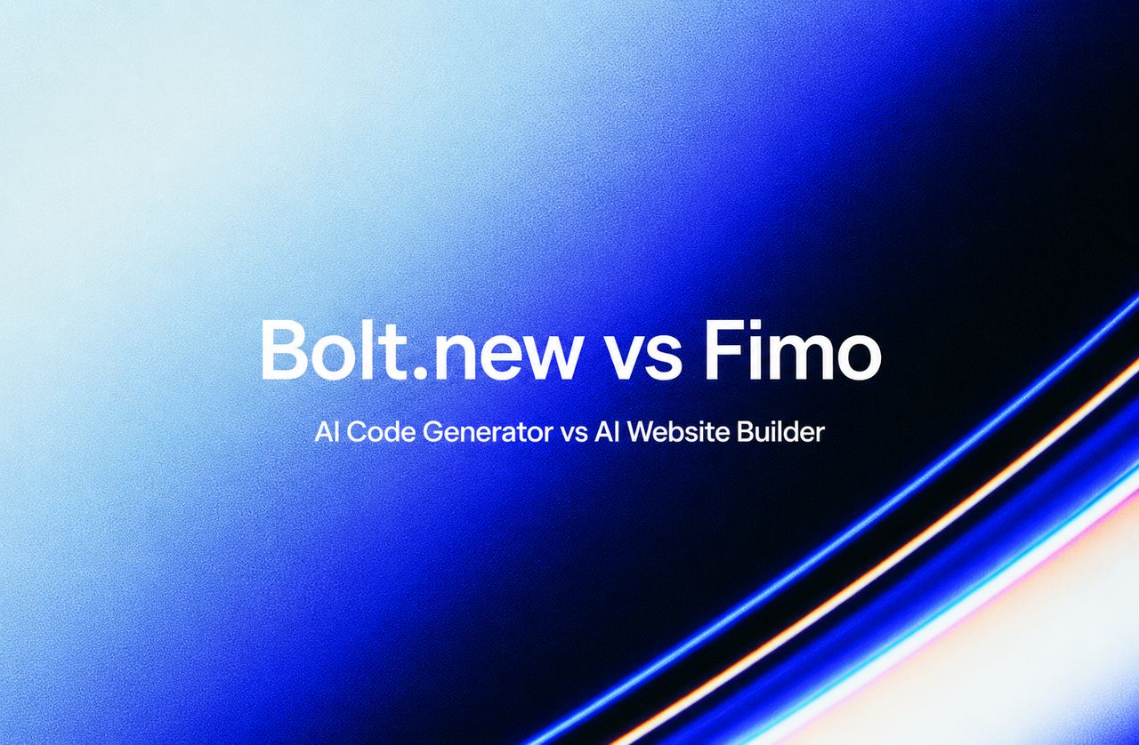 Text graphic reading 'Bolt.new vs Fimo' and 'AI Code Generator vs AI Website Builder' on a blue gradient background with glowing light streaks.
