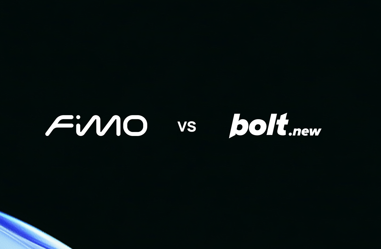 A black background with the text Fimo on the left and bolt.new on the right, separated by the word vs in the middle, with a hint of a blue abstract shape in the bottom left corner.