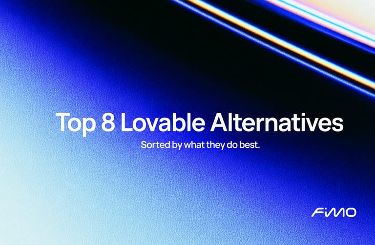 A digital graphic with a blue background and light streaks, displaying the text 'Top 8 Lovable Alternatives' and 'Sorted by what they do best.' with a FIMO logo in the corner.