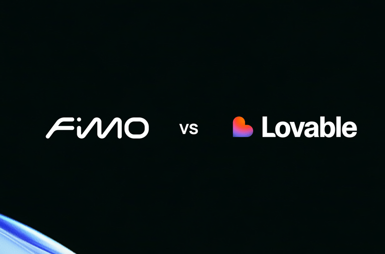 Graphic showing the text 'Fimo' followed by 'vs' and the text 'Lovable' next to a small orange-to-purple gradient heart icon on a black background.