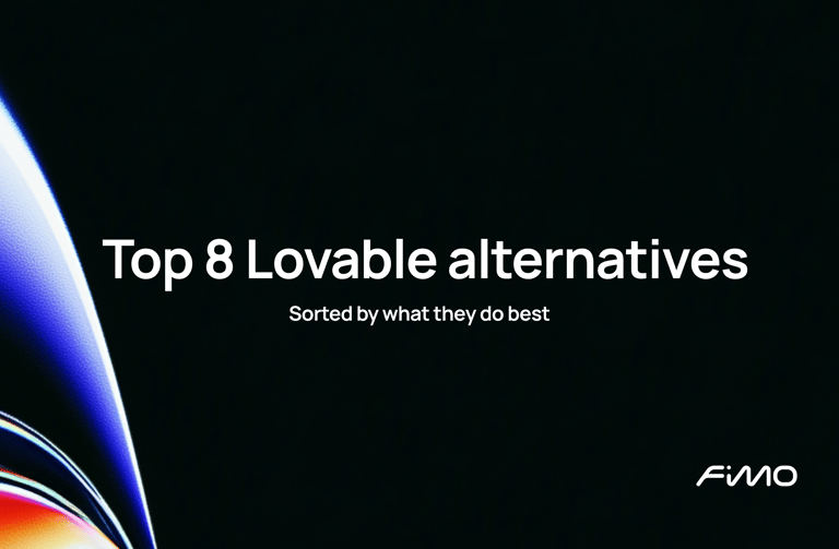 A digital graphic featuring the title 'Top 8 Lovable alternatives' and subtitle 'Sorted by what they do best' on a black background, with an abstract neon-colored swoosh on the bottom left and the 'FIMO' logo in the bottom right corner.